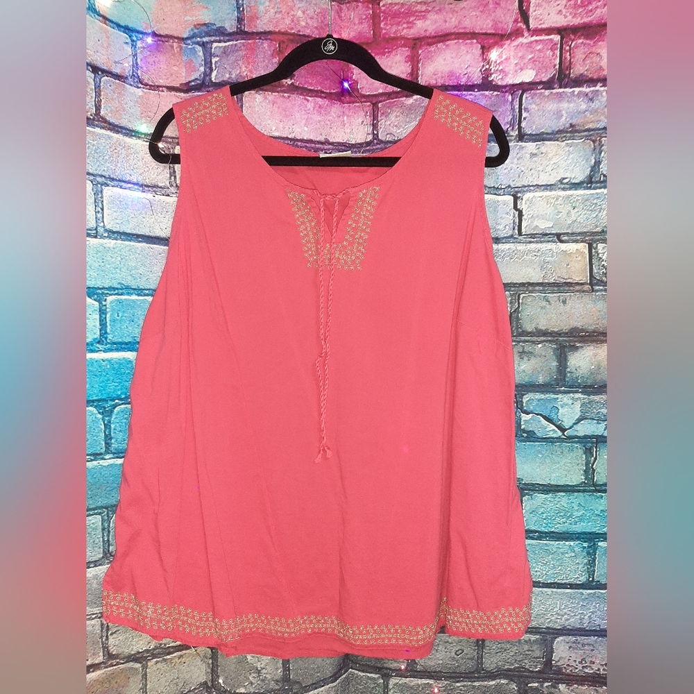 St. John's Bay Coral Tank Top with Gold Embroidered Accents 2X